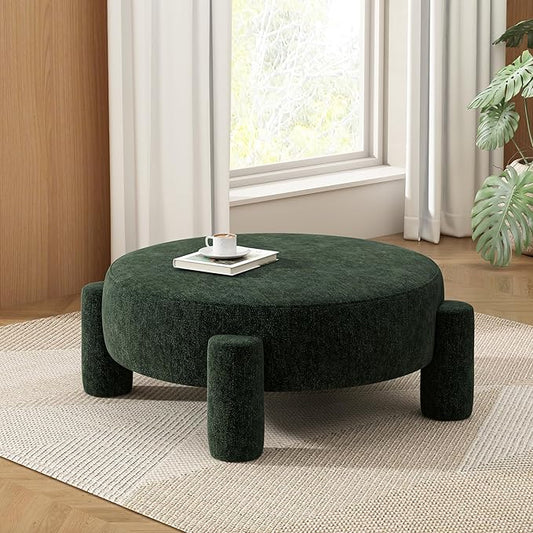 Christopher Knight Home Chobi Round Fully Ottoman Foot Stool, Velvet Pouf Footstool Ottoman Seat, Upholstered Foot Chair, Round Footrest, Modern Side Table for Living Room Bedroom Home Decor, Green