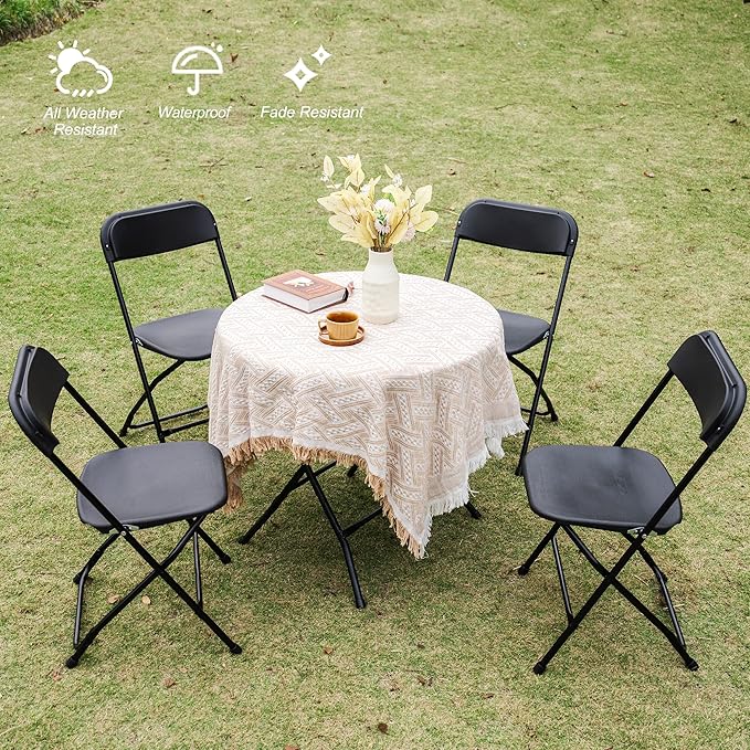 Allpop 4 Pack Plastic Folding Chair, 300lb Capacity, Portable Commercial Chair with Steel Frame for Home Office Wedding Party Indoor Outdoor Events, Stackable, Black