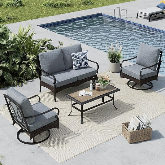 MFSTUDIO 4 Pieces Outdoor Patio Furniture Set, Metal Outdoor Conversation Set, Rattan Wicker Patio Sectional Sofa Set with 2 x Swivel Single Sofa, 2-Seat Sofa, 1 x Coffee Table, Grey