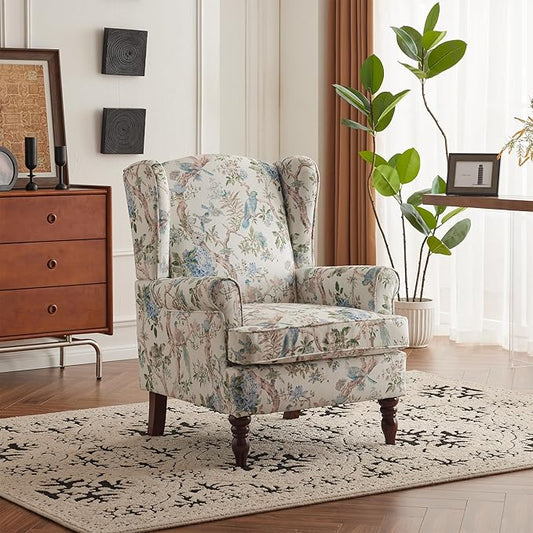 MELLCOM Floral Accent Chair, High Back Upholstered Armchair with Solid Legs, Leisure Single Sofa Chair for Living Room, Bedroom, Home Office, Light Blue Floral&Bird