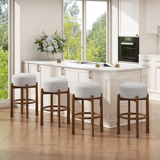 Christopher Knight Home Lera Modern Counter Height Bar Stools Set of 4, Fabric Round Stool Chair for Kitchen Island, Wooden Dining Room Chair, Upholstered Counter Stool with Footrest,Dark Walnut+Ivory