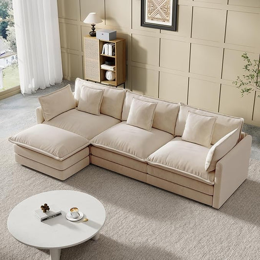 Modular Sectional Sofa, 111.5 Inch L-Shaped Cloud Sofa with Deep Seat Chenille Sofa with Cushions, Three-Self Sectional Sofa for Living Room Apartment,Light Coffee