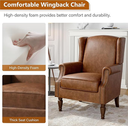 Faux Leather Wingback Accent Chair, High Back Upholstered Armchair, Comfy Fabric Wingback Arms Chairs with Solid Wood Legs, Single Sofa Reading Chair for Bedroom Living Room, Brown