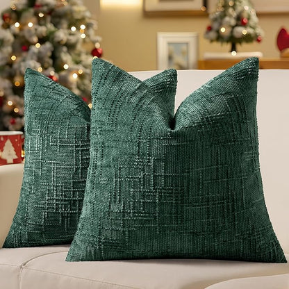 decorUhome Christmas Green Chenille Throw Pillow Covers 18x18 Set of 2 Thick Textured Slubby Couch Pillow Covers Farmhouse Accent Modern Neutral Decorative Pillow Cases for Bed Sofa Living Room