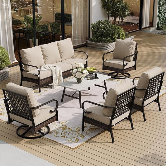 6 Piece Metal Outdoor Patio Furniture Set, Patio Conversation Set with 3-Seater Couch, 2 Fixed Sofa, 2 Swivel Sofa (5.75" Thick Cushion) & Coffee Table Black Backyard Furniture, Beige