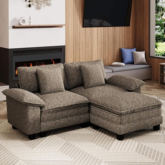 87-Inch L Shaped Sectional Sofa with Cloud Cushions, Deep Seat Modular Couch Set w/ 3 Seats & 1 Ottomans, Removable Arms, Plush Chenille Upholstery for Living Room, Apartment - Smoky Gray