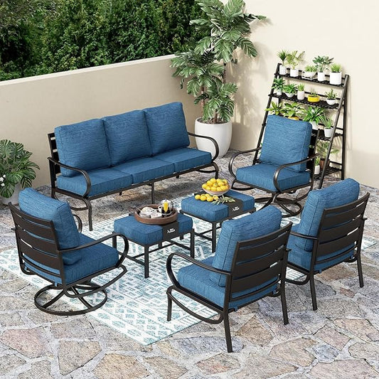 PHI VILLA 7 PCS Patio Furniture Set,Metal Outdoor Furniture with 1x 3 Seater Cushioned Deep Seating Bench Sofa, 2 Swivel Chair, 2 x Leg Chairs & 2 Ottoman for 7 Person, Peacock Blue