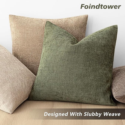 Foindtower Pack of 2 Textured Chenille Throw Decorative Pillow Covers Square Accent Solid Cushion Cover Neutral Farmhouse Lumbar Pillow Case for Couch Sofa Bedroom Living Room 12x24 Inch,Dark Green