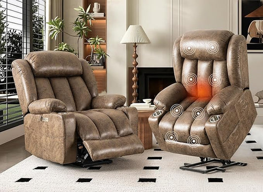 HUSFU Oversized Power Lift Recliner Chairs for Elderly with Massage and Heat, Extra Wide Recliners,Breathable Leather Lift Chairs w/Cup Holders, USB & Type-C Ports, Brown,2PCS