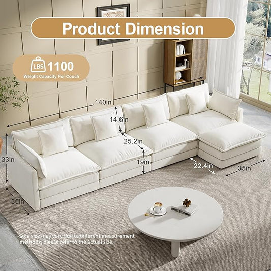 Modular Sectional Sofa, 146.5 Inch L-Shaped Cloud Sofa with Deep Seat Chenille Sofa with Cushions, Four Seater Sectional Sofa for Living Room Apartment,White