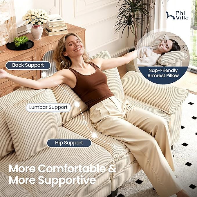 PHI VILLA Cloud Modular Couches Sets, 3 Pieces Large Sectional Sofa Set with Loveseats, 7-Seater Upholstered Couch for Living Room, Corduroy, Beige