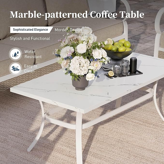 6 Piece Metal Outdoor Patio Furniture Set, Patio Conversation Set 1 3-Seater Sofa, 2-Seater Sofa, 2 Fixed Chair with 5.75" Thick Cushion & Coffee Table White Backyard Furniture, Beige