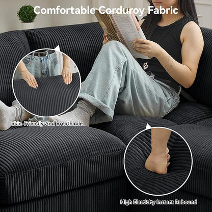 87'' U-Shaped Sectional Sofa with Ottoman, 5-Seater Modular Couches for Living Room, Corduroy Deep Seat Cloud Sofa with Center Stitched, Black