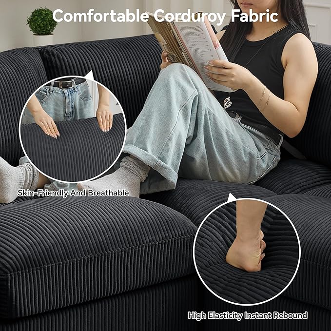 118'' U-Shaped Sectional Couch with 2 Ottoman, Oversized Modular Couches for Living Room, Corduroy Deep Seat Cloud Sofa with Center Stitched, Black