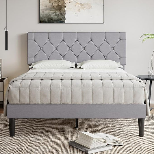 VECELO Full Bed Frame with Headboard, Upholstered Platform Bedframe with Wooden Slat Support, Button Tufted Design, No Box Spring Needed, Linen Grey