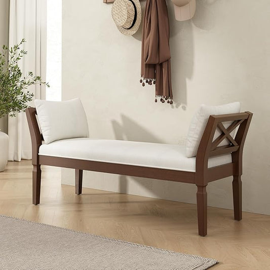 Christopher Knight Home Viko Farmhouse Wooden Living Room Ottoman Bench with Cross-back Detail, Upholstered End of Bed Ottoman with Armrest, Long Entryway Bench, Long Seating for Bedroom, Beige+Walnut