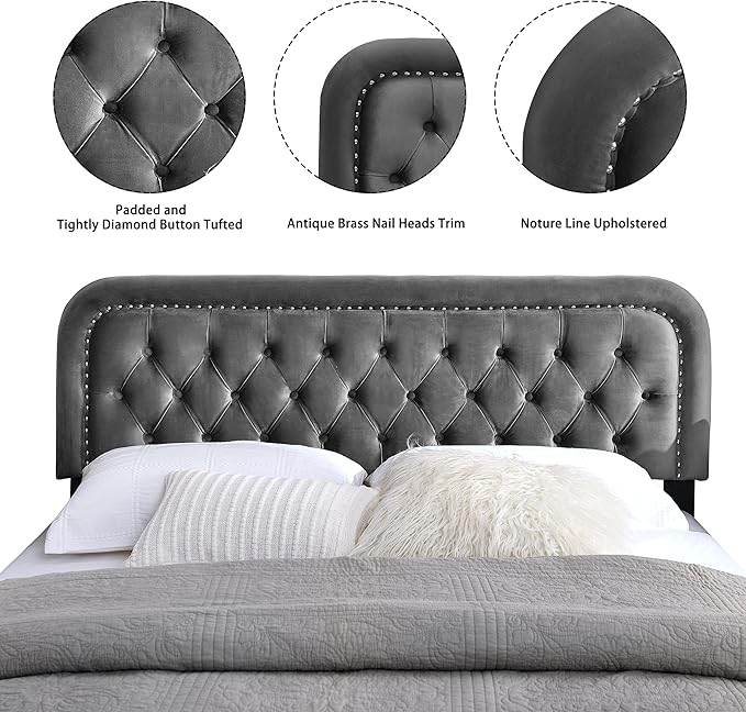 Tufted Upholstered Headboard,Button Solid Wood HeadBoards with Adjustable Height,Modern Performance Velvet Bed Head Boards,Easy Install&Nailhead (Grey, King)
