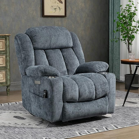 Power Lift Recliner Chair, 350lb Capacity with 8-Point Massage & Heating, USB/Type-C Ports & Cup Holders, Heavy Duty Chenille Recliner for Elderly, Blue Grey