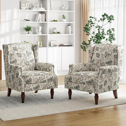 Floral Accent Chair, Retro Modern Farmhouse Wingback Armchair with High Back, Tufted Nailhead Trim & Solid Wood Legs, Upholstered Reading Chair for Living Room, Bedroom, Office (Plants Beige)