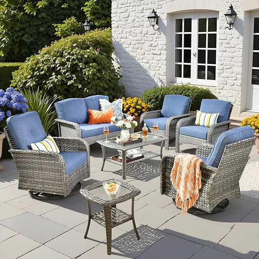 7 PCS Patio Outdoor Furniture Set with Swivel Rocking Chairs,All Weather Wicker Rattan Patio Seating Sofa and Chairs Set,Outdoor Conversaiton Sets for Deck Yard Prrch Garden Poolside,Blue