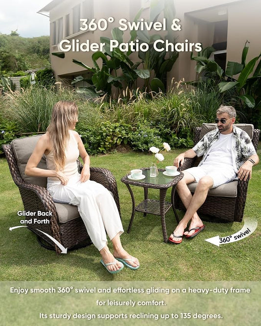 7-Piece Outdoor Wicker Patio Furniture Set with Swivel Glider Chairs, 3-Seat Sofa, Coffee Table & Ottomans 5” Olefin Cushions Ergonomic Neck-Lumbar Backrest All-Weather Rattan for Garden, Deck, Porch