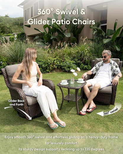 HUMMUH 6-Piece Outdoor Wicker Patio Furniture Set with Swivel Glider Chairs, Loveseat & Ottomans 5” Olefin Cushions Ergonomic Neck-Lumbar Backrest All-Weather Rattan for Garden, Deck, Porch