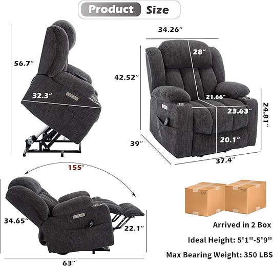 Electric Power Lift Chair, Chenille Recliner Massage Chair Living Room Furniture with 8-Point Vibration Massage and Lumbar Heating, USB and Type-C Ports, Cup Holders - Grey