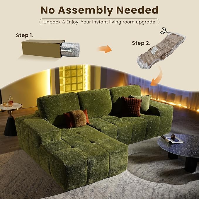 114" Glitter Cloud Sectional Couch with L-Shape Chaise, Modern Boneless Couches for Living Room Christmas Party, Fluffy Tufted Deep Seat Modular Sofa in a Box No Assembly