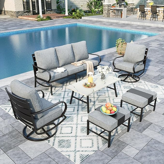 Sophia & William Patio Furniture Sets 7 Seats Outdoor Conversation Set 6 Pcs,2 x Cushioned Swivel Sofa Chairs,1 x 3-Seat Sofa,2 Ottomans, Marbling Metal Coffee Table Patio Backyard Poolside Grey