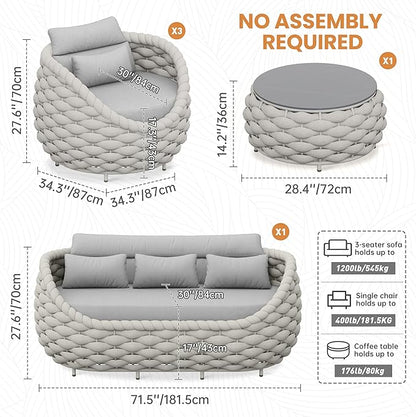 5 Pieces Porch Patio Conversation Set: Hand Woven Rope, Rusrproof Aluminum Frame, Weather Resistant, Thick Cushions, No Assembly Furniture, Comfy Outdoor Sofa Set for Deck Yard Lawn Hotel - Gray