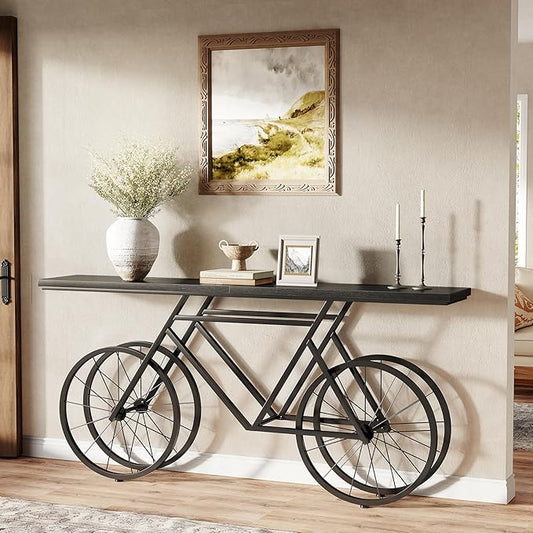 LITTLE TREE Narrow Sofa Table, 70.9-Inch Extra Long Console Table for Living Room, Entryway, with Unique Bicycle Metal Base. Black