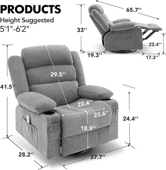 Oversized Recliner Chairs for Adults, 360° Swivel Rocking Recliner with Heat and Massage Lazy Boy Recliner,Recliner Chairs Single Sofa Seat with Cup Holders