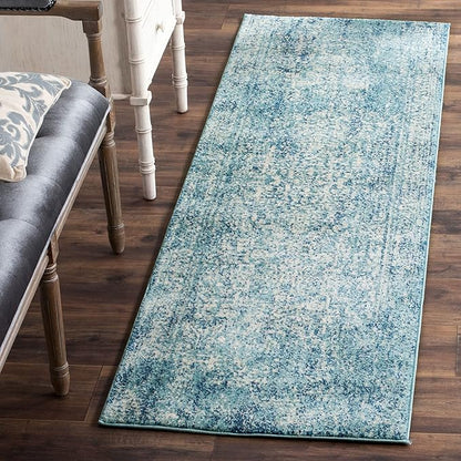 SAFAVIEH Evoke Collection 2'2" x 21' Blue/Ivory EVK256C Oriental Distressed Non-Shedding Living Room Bedroom Runner Rug