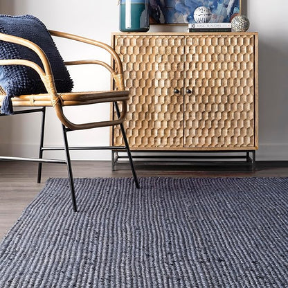 nuLOOM 8 Round Rigo Jute Hand Woven Area Rug, Navy, Solid Farmhouse Design, Natural Fiber, For Bedroom, Living Room, Dining Room, Hallway, Office, Kitchen, Entryway