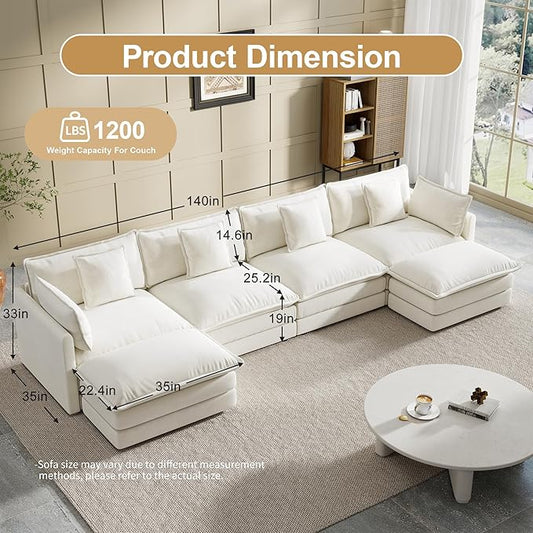 Modular Sectional Sofa, 146.5 Inch U-Shaped Cloud Sofa with Deep Seat Chenille Sofa with Cushions, Four Seater Sectional Sofa for Living Room Apartment,White
