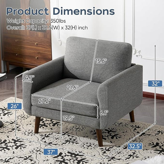 ELUCHANG Accent Chair Set of 1, Oversized Mid Century Modern Arm Chair, Soft Linen Fabric Sofa Chairs Upholstered Comfy Chair for Living Room Bedroom Apartment (Grey)
