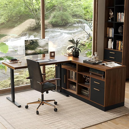 67" Standing Desk with 2 File Cabinets, AC/USB, 1.18" Desktop, L Shaped Height Adjustable Electric Stand Up Desk, Multiple Functions for Home and Office, Black Walnut