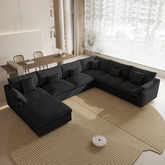 Modular Cloud Sofa, 154" Cloud Sectional Couches with Deep Seat, Linen U-Shape 6-Seater Couch with Ottoman for Living Room, Washable Cover, Wide Armrest in Black