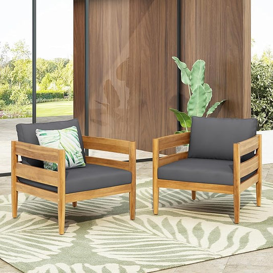 Christopher Knight Home Annie Acacia Wood Outdoor Chairs Set of 2, Patio Lounge Chair Outdoor with Slatted Back, Accent Chair with Cushions, Stylish Armchair for Balcony/Garden, Dark Gray + Teak