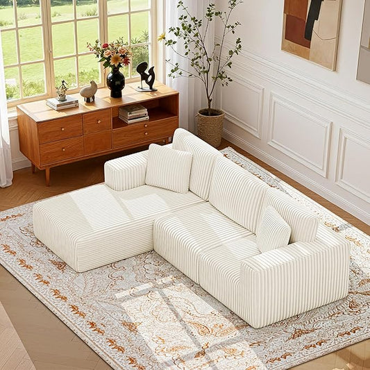 KINGYES 107'' Modular Sectional Sofa, L Shaped Cloud Couch for Living Room, Modern Plush Corduroy Boneless Sofa with Chaise for Bedroom, Beige