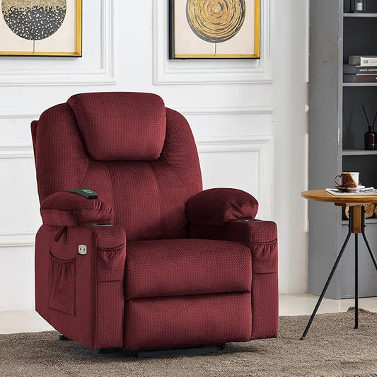 MCombo Power Lift Recliner Chair for Elderly, Lift Chair with Heat and Massage, USB&Type C Ports, Extended Footrest, Cup Holders, Fabric 7040 (Medium, Carmine Red)