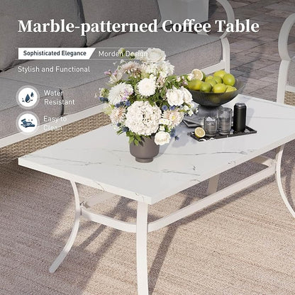 6 Piece Metal Outdoor Patio Furniture Set, Patio Conversation Sets 1 3-Seater Sofa, 4 Single Sofa with 5.75" Extra Thick Cushion and Coffee Table, White Frame Backyard Furniture, Gray