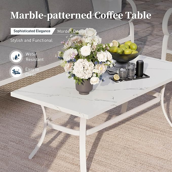 6 Piece Metal Outdoor Patio Furniture Set, Patio Conversation Set 1 3-Seater Couch, 2 Fixed Sofa, 2 Swivel Sofa with 5.75" Thick Cushion and Coffee Table White Backyard Furniture, Gray