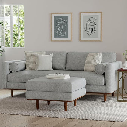 SIMPLIHOME Morrison Mid-Century Modern 89 inch Wide Sofa with Ottoman Set in Mist Grey Woven-Blend Fabric for the Living Room and Family Room