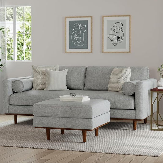 SIMPLIHOME Morrison Mid-Century Modern 89 inch Wide Sofa with Ottoman Set in Mist Grey Woven-Blend Fabric for the Living Room and Family Room