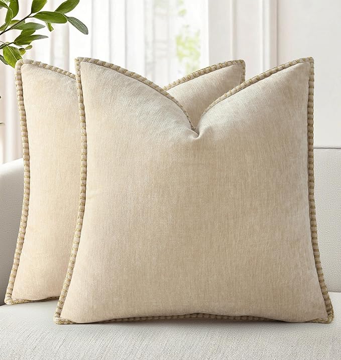 decorUhome Chenille Soft Throw Pillow Covers 16x16 Set of 2, Farmhouse Velvet Neutral Decorative Euro Pillow Covers with Stitched Edge for Couch Sofa Bed Home Decor, Beige