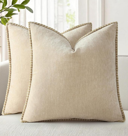 decorUhome Chenille Soft Throw Pillow Covers 26x26 Set of 2, Farmhouse Velvet Neutral Decorative Euro Pillow Covers with Stitched Edge for Couch Sofa Bed Home Decor, Beige