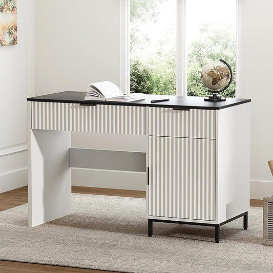 47" Fluted Executive Desk, Modern Wood Home Office Desk with Charging Station, Drawer & Cabinet, Computer Writing Desk for Work Study, White and Black