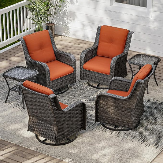 6 Pieces Outdoor Furniture Set - Patio Wicker Swivel Rocker Chair Set of 4 and 2 Side Table, Orange, Mixed Brown Rattan, Suitable for Porch, Yard