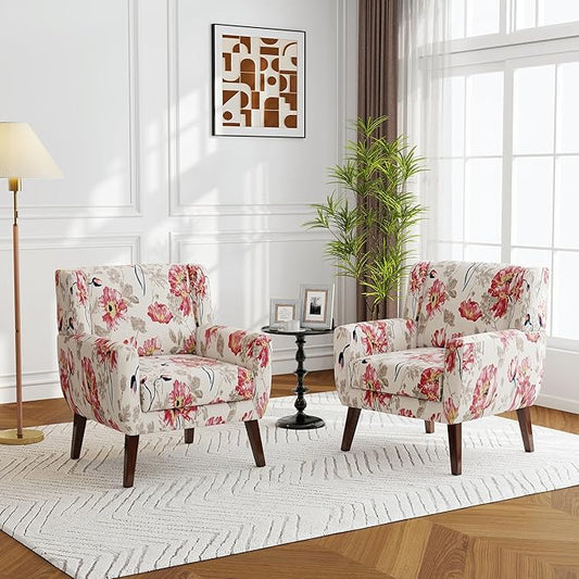 Accent Chairs Set of 2, Modern Fabric Armchairs for Living Room, Comfy Upholstered Arm Chairs Tufted for Indoor Bedroom Office Room (Pattern White)